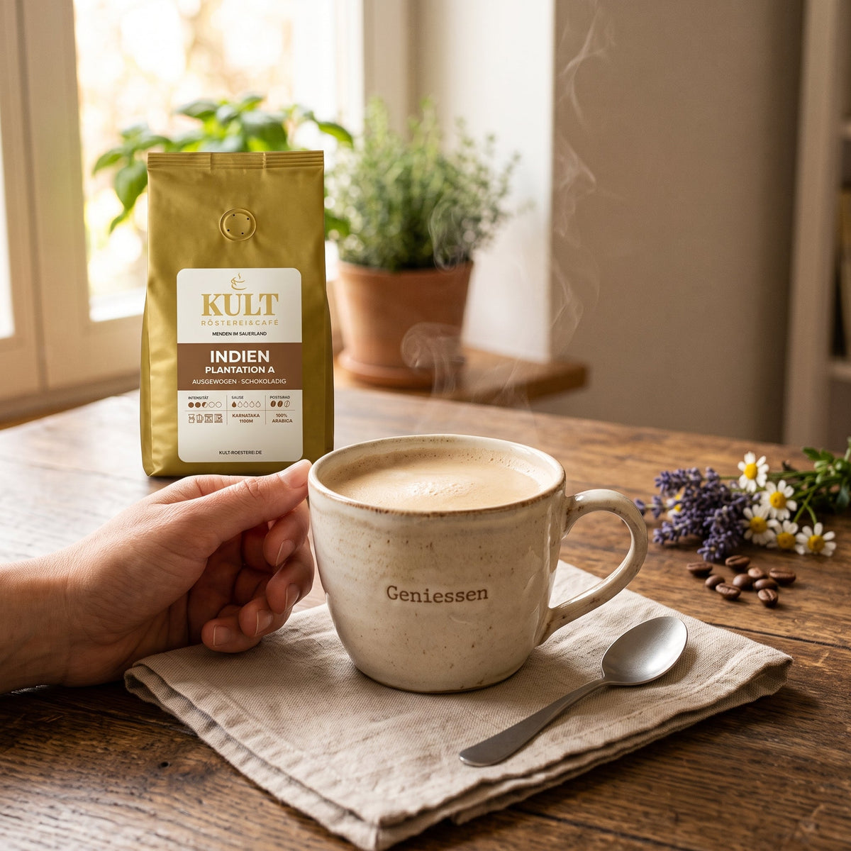 Milchkaffee im Glas neben einer Kult-Kaffeetüte