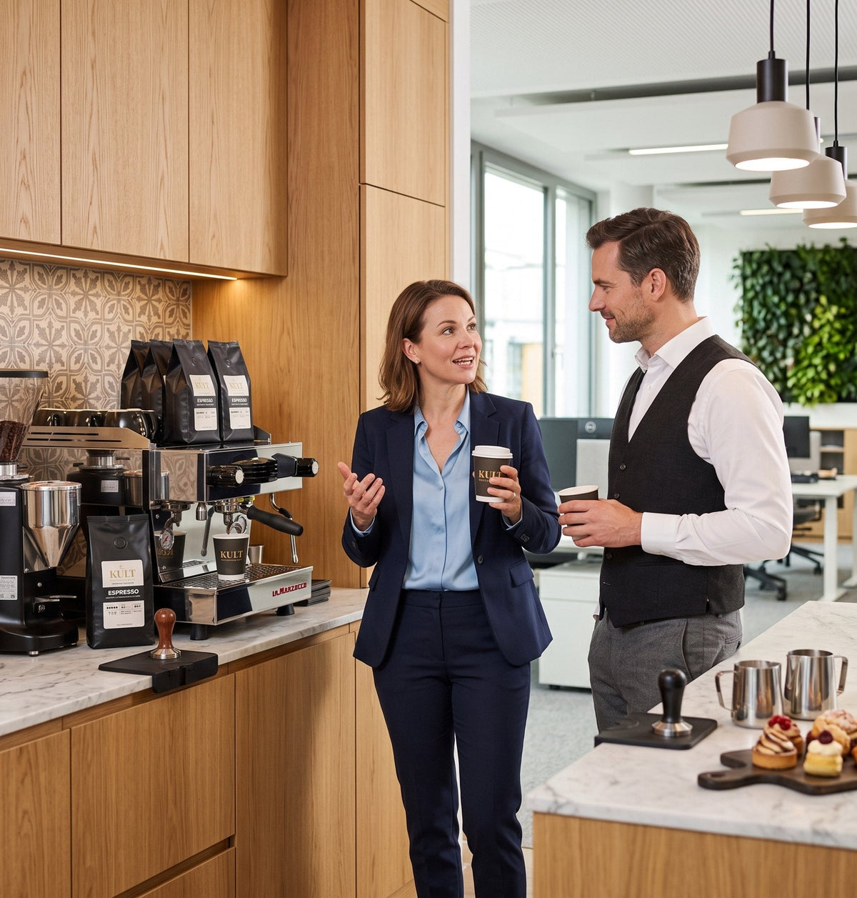 Zwei Kolleginnen und Kollegen mit Kaffee an der Kaffeebar im Büro, daneben Siebträger und Kult-Kaffeetüten