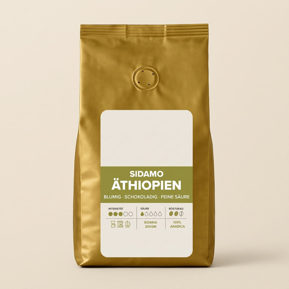 Kaffeetüte Äthiopien Sidamo mit freiem Etikett für Ihr Logo