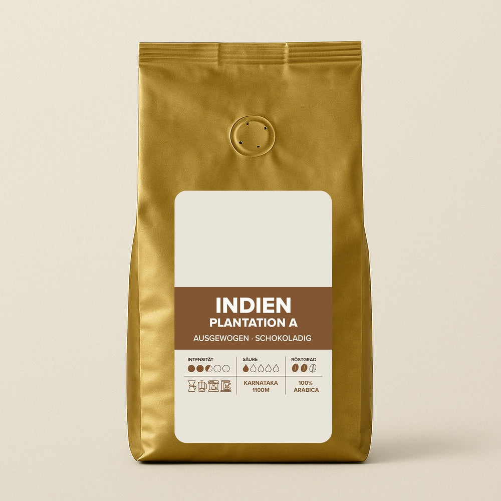 Kaffeetüte Indien Plantation A mit freiem Etikett für Ihr Logo
