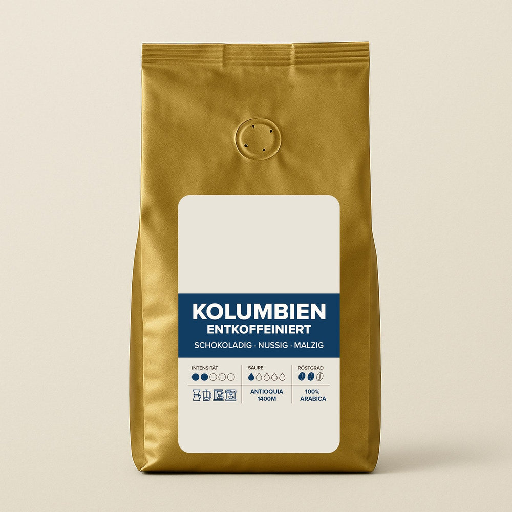 Kaffeetüte Kolumbien entkoffeiniert mit freiem Etikett für Ihr Logo