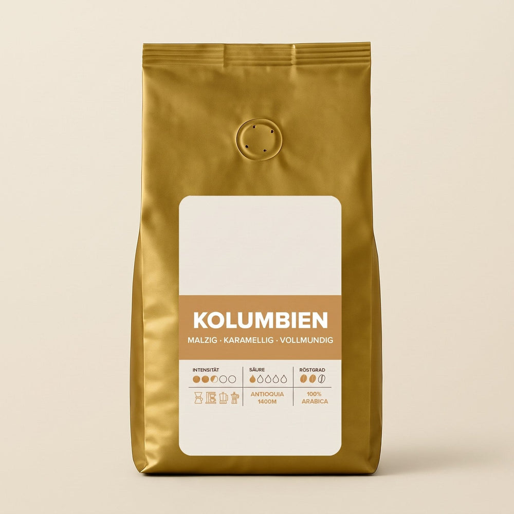 Kaffeetüte Kolumbien mit freiem Etikett für Ihr Logo
