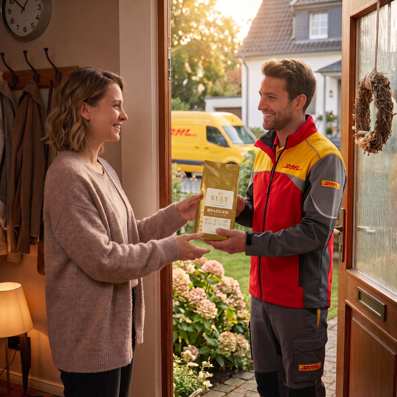 DHL-Bote übergibt eine Kult-Kaffeetüte an der Haustür
