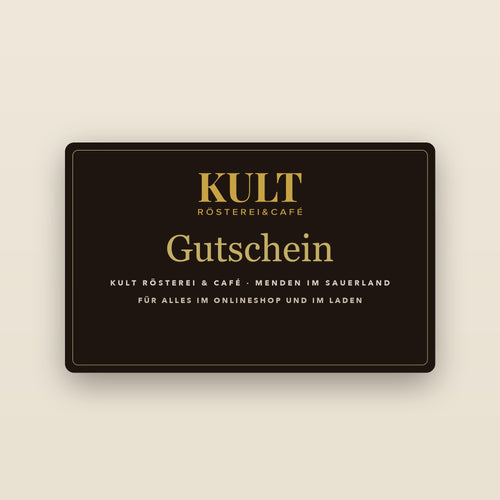 Kult-Gutschein: dunkle Karte mit goldenem Kult-Logo und Schriftzug Gutschein