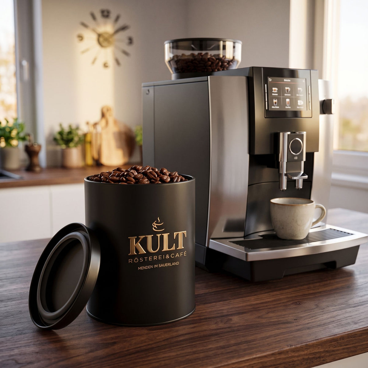 Kult-Kaffeedose mit Bohnen neben einem Vollautomaten
