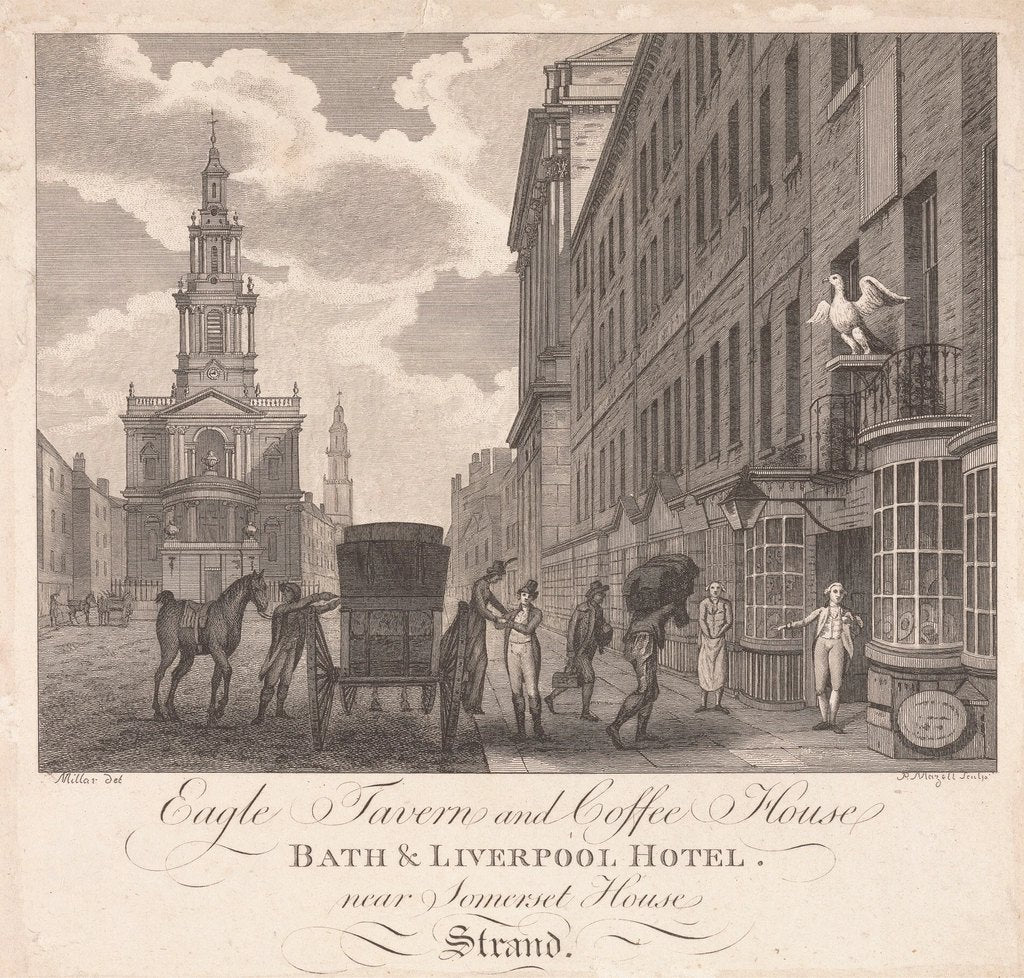 Historischer Stich eines Londoner Kaffeehauses