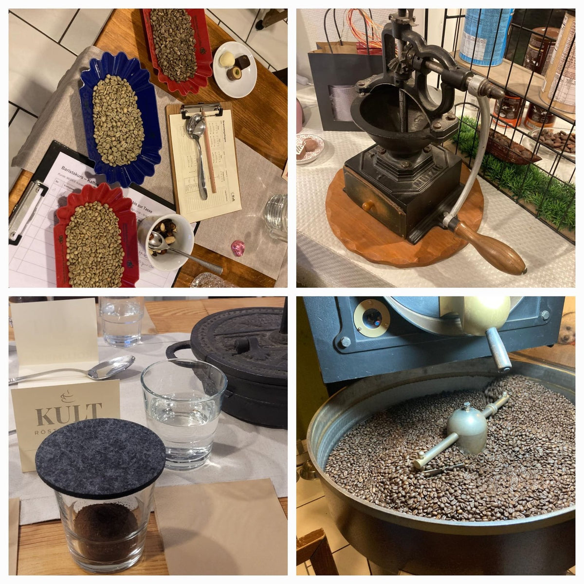Rohkaffee prüfen, historische Mühle und Trommelröster beim Kaffeeseminar