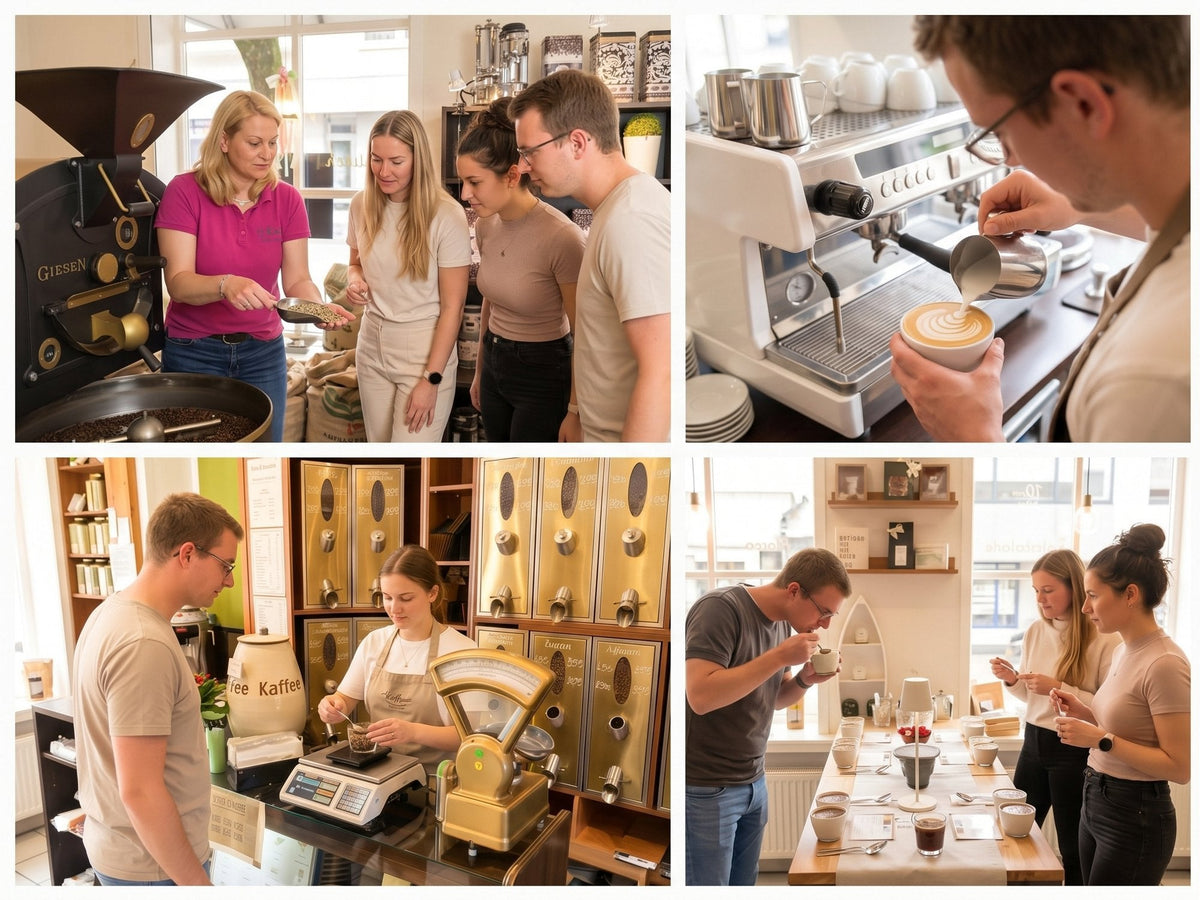 Collage aus dem Kaffeeseminar: Röstung, Latte Art, Abwiegen und Verkostung