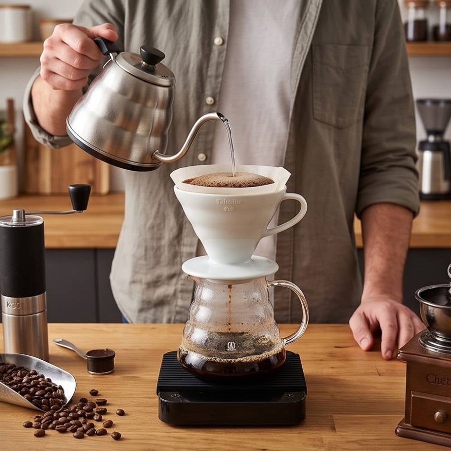 Handfilter: Wasser wird aus dem Schwanenhalskessel auf den Kaffee gegossen